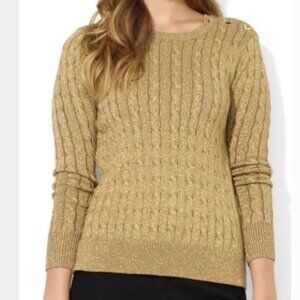 Lauren Ralph Lauren Metallic Gold Cable Crewneck Sweater with Shoulder Buttons